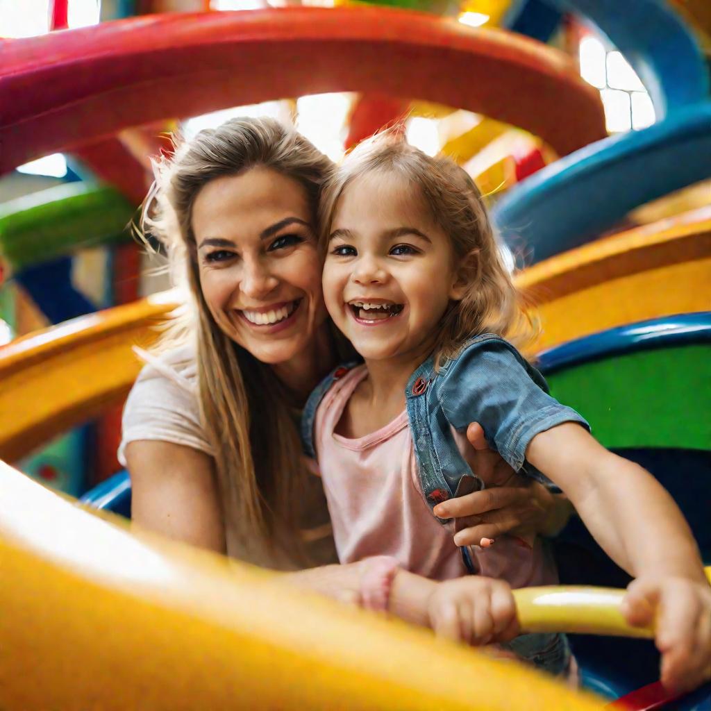 Портрет улыбающейся мамы с дочкой на детской площадке.