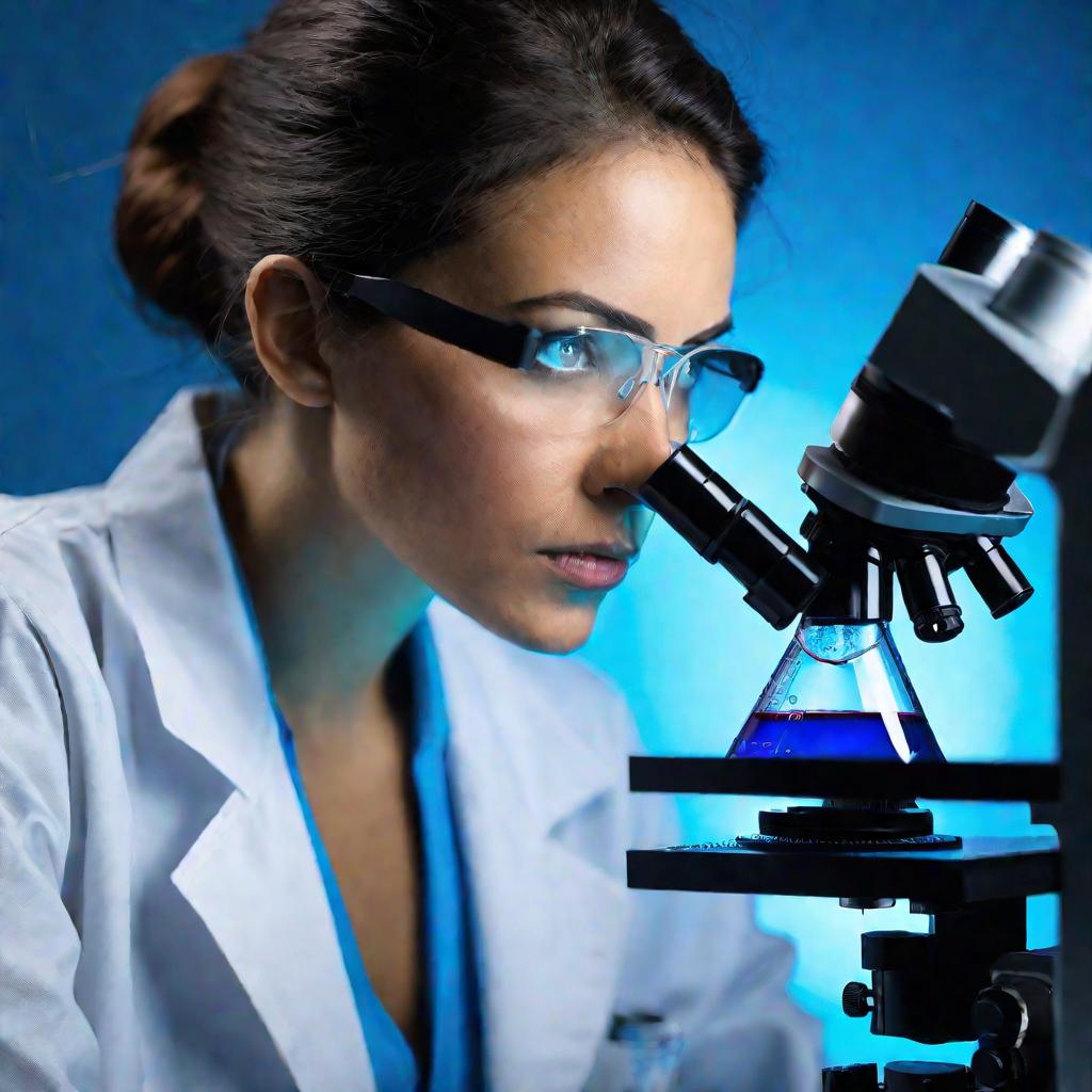 Ученый-женщина рассматривает образец в микроскоп.