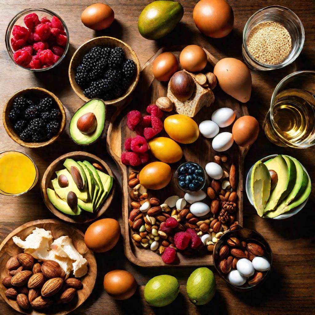 На столе разнообразная еда для белковой диеты