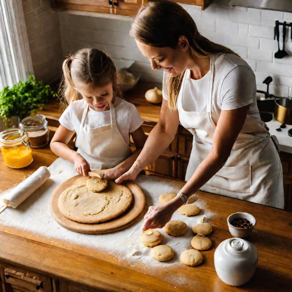 мама с дочкой готовят печенье на кухне