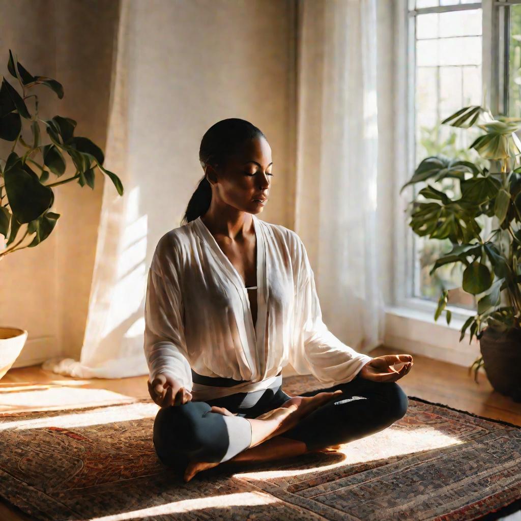 Женщина медитирует с закрытыми глазами сидя на ковре в гостиной
