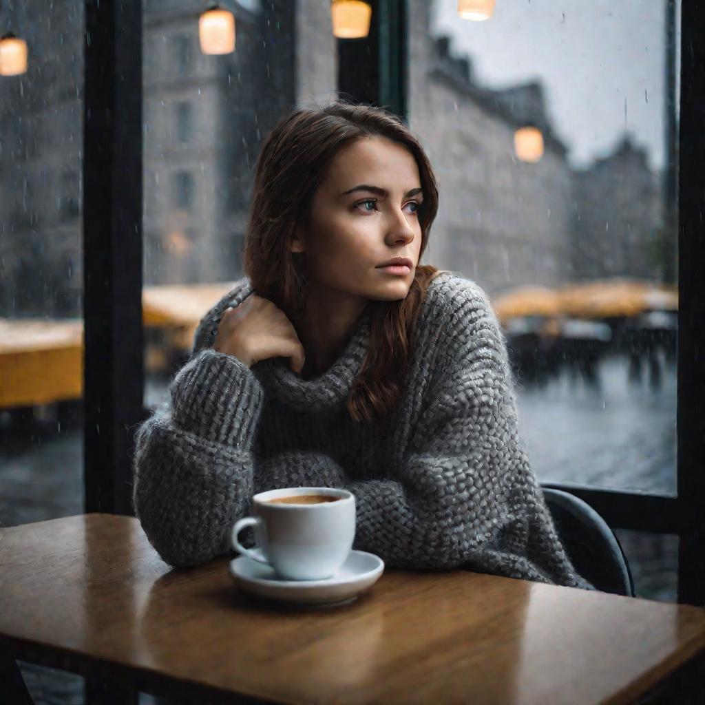 Девушка задумчиво смотрит в окно кафе