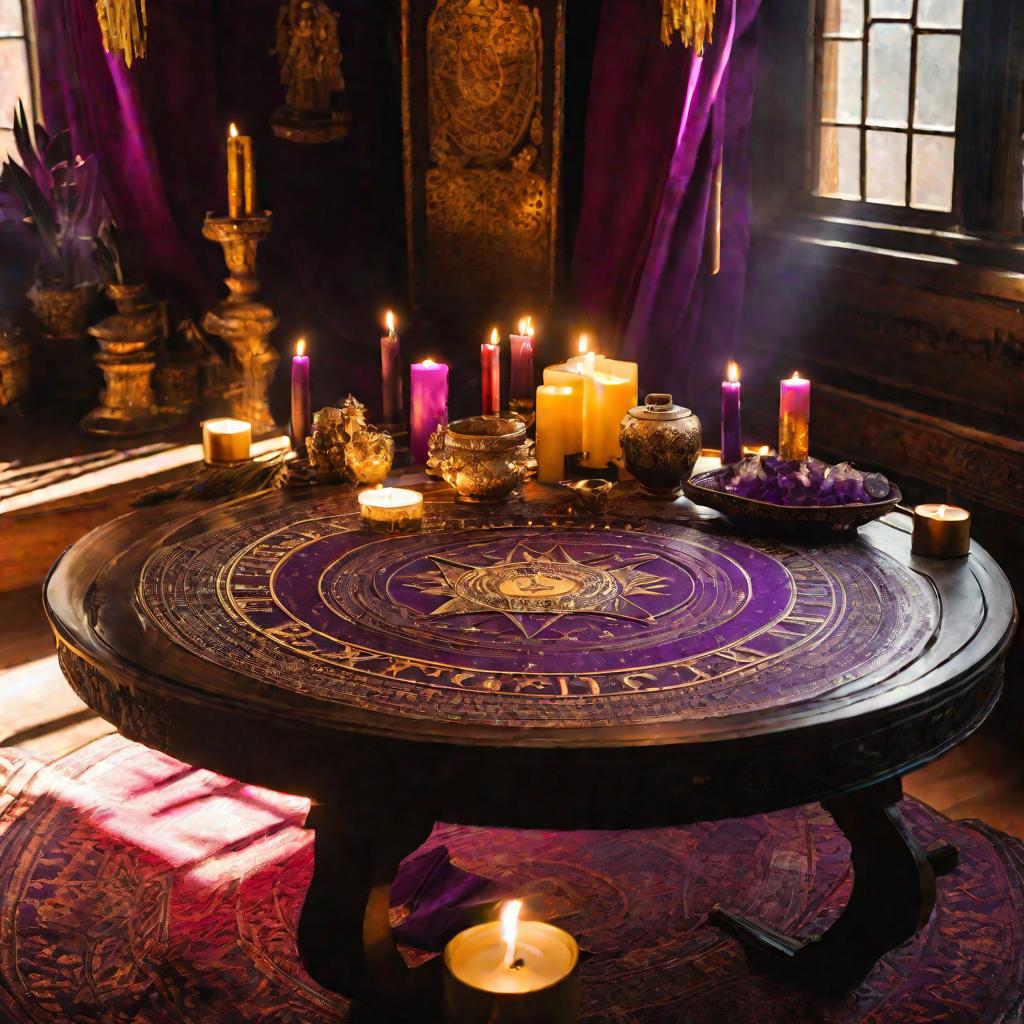 Мистический стол для гадания с картами Таро, хрусталями и золотым астрологическим кругом на фоне окна