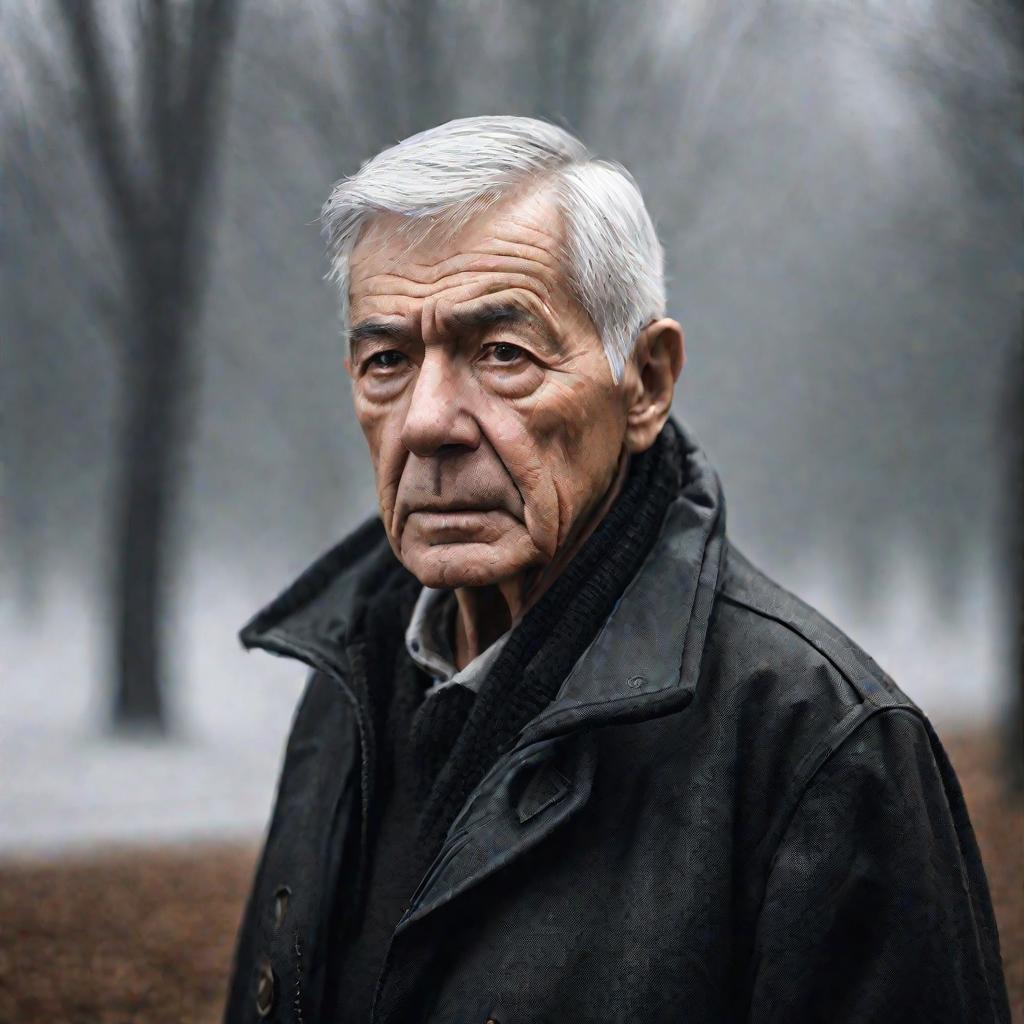 Портрет пожилого мужчины на улице в туманный день
