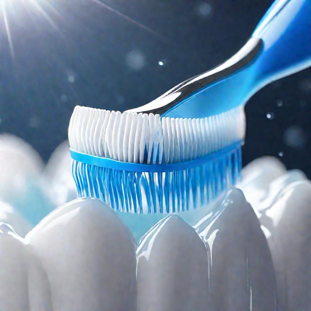 Рука аккуратно чистит зубы зубной щеткой с мягкой щетиной.