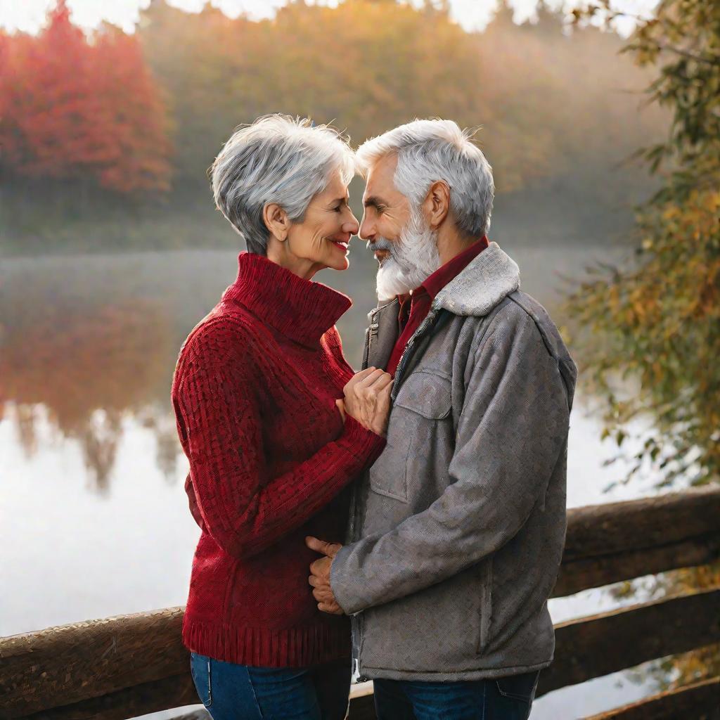 Пожилая пара обнимается на мосту