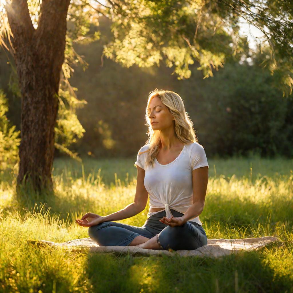 Женщина, сидящая в траве и медитирующая
