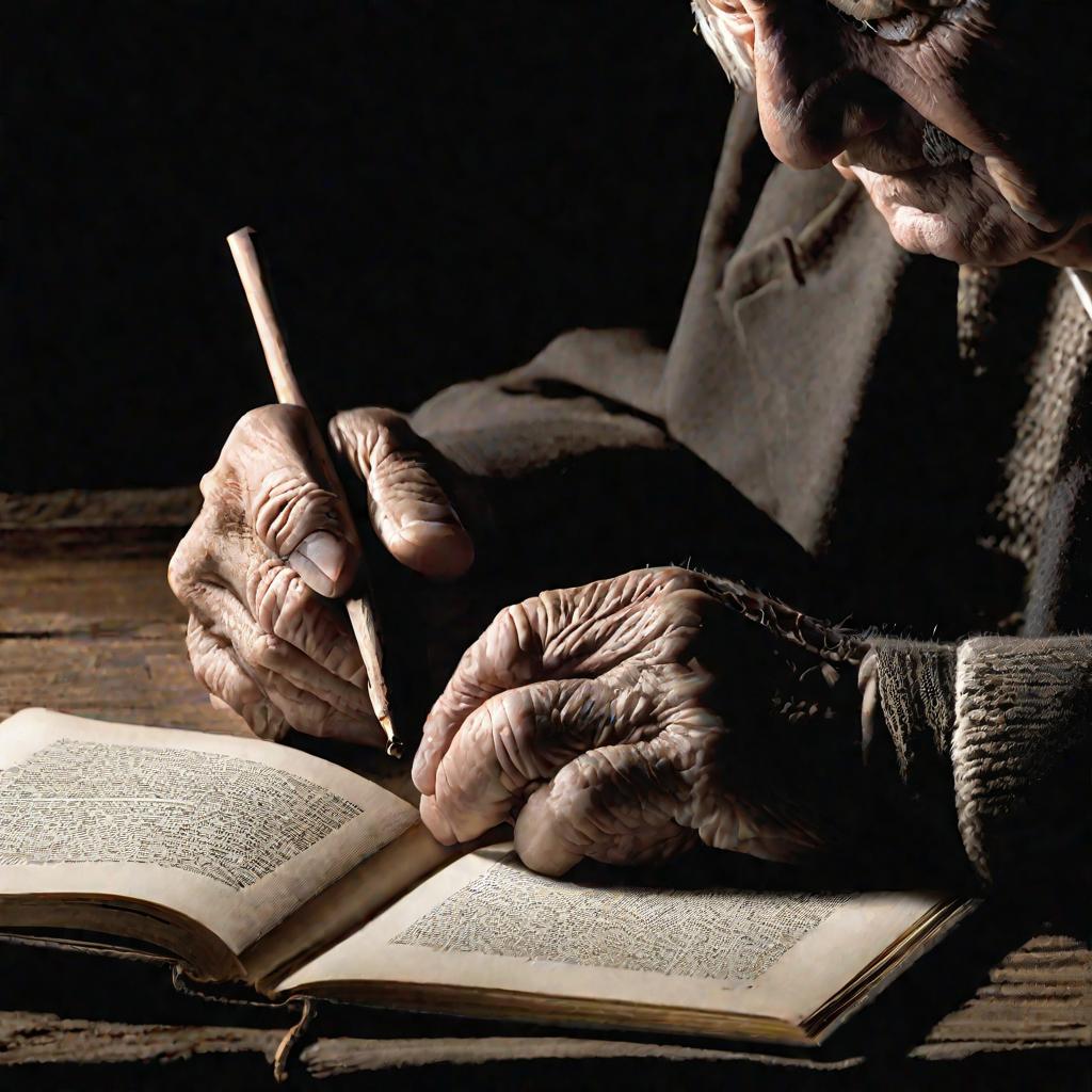 Руки пожилого мужчины, читающего книгу ночью