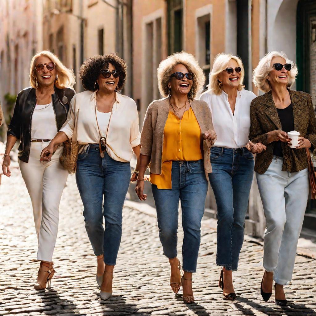 Группа улыбающихся женщин идут по улице