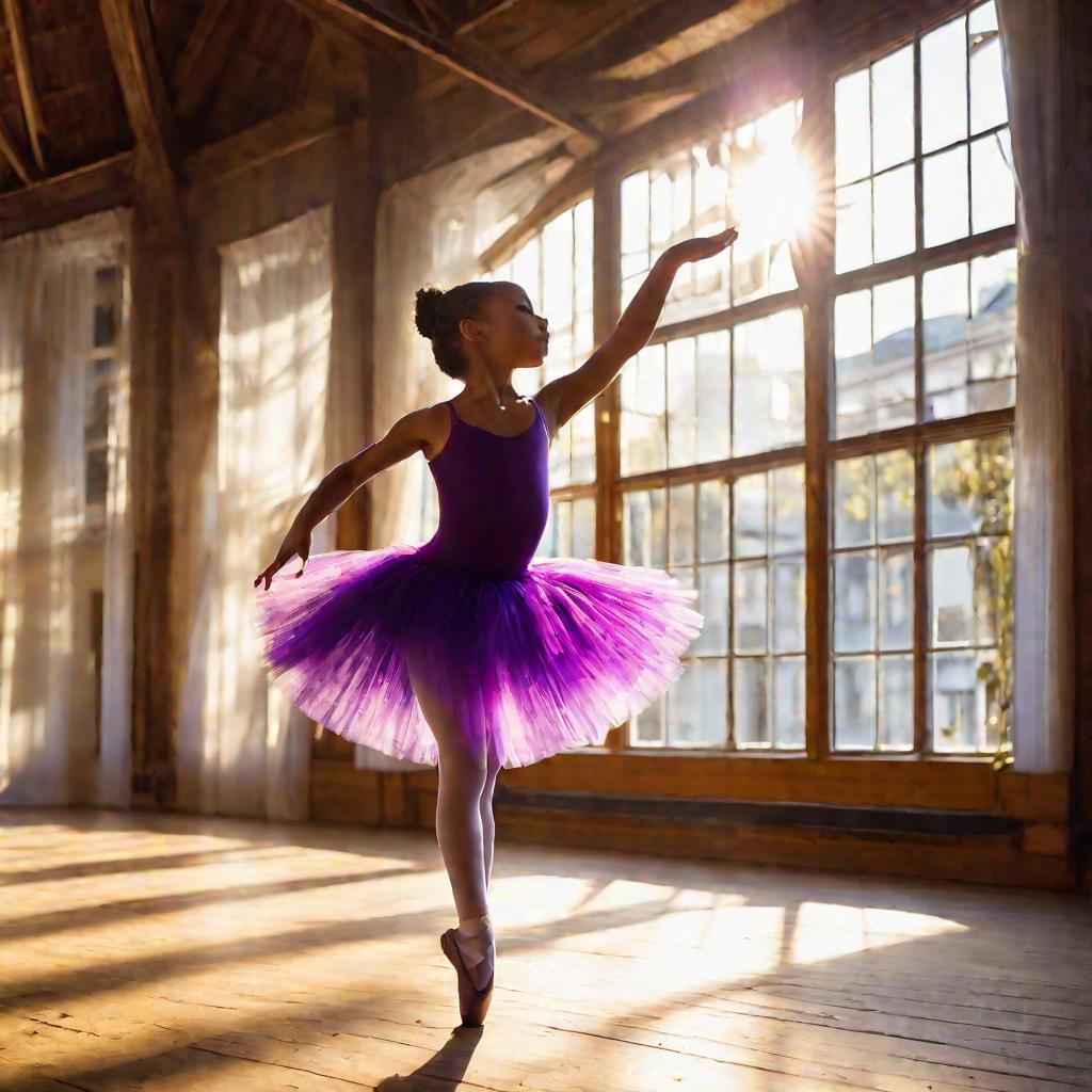 12-летняя девочка танцует грациозно на залитой солнцем сцене, одетая в сверкающий фиолетовый пачку и балетные туфли. Она тянется руками вверх к лучам заходящего солнца, пробивающимся сквозь большое окно. Золотой свет освещает ее сосредоточенное лицо и точ