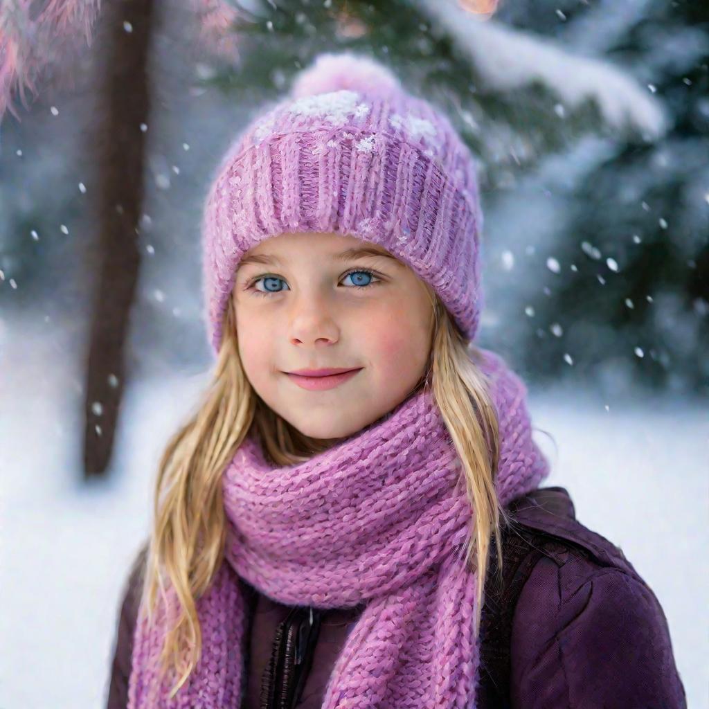 Крупный портрет 12-летней девочки со светлыми волосами, в вязаной фиолетовой зимней шапке и в тон шарфе, плотно обернутом вокруг шеи. Ее ярко-голубые глаза смотрят прямо в камеру, розовые щеки и кнопочный носик порозовели от морозного воздуха. За ней мягк