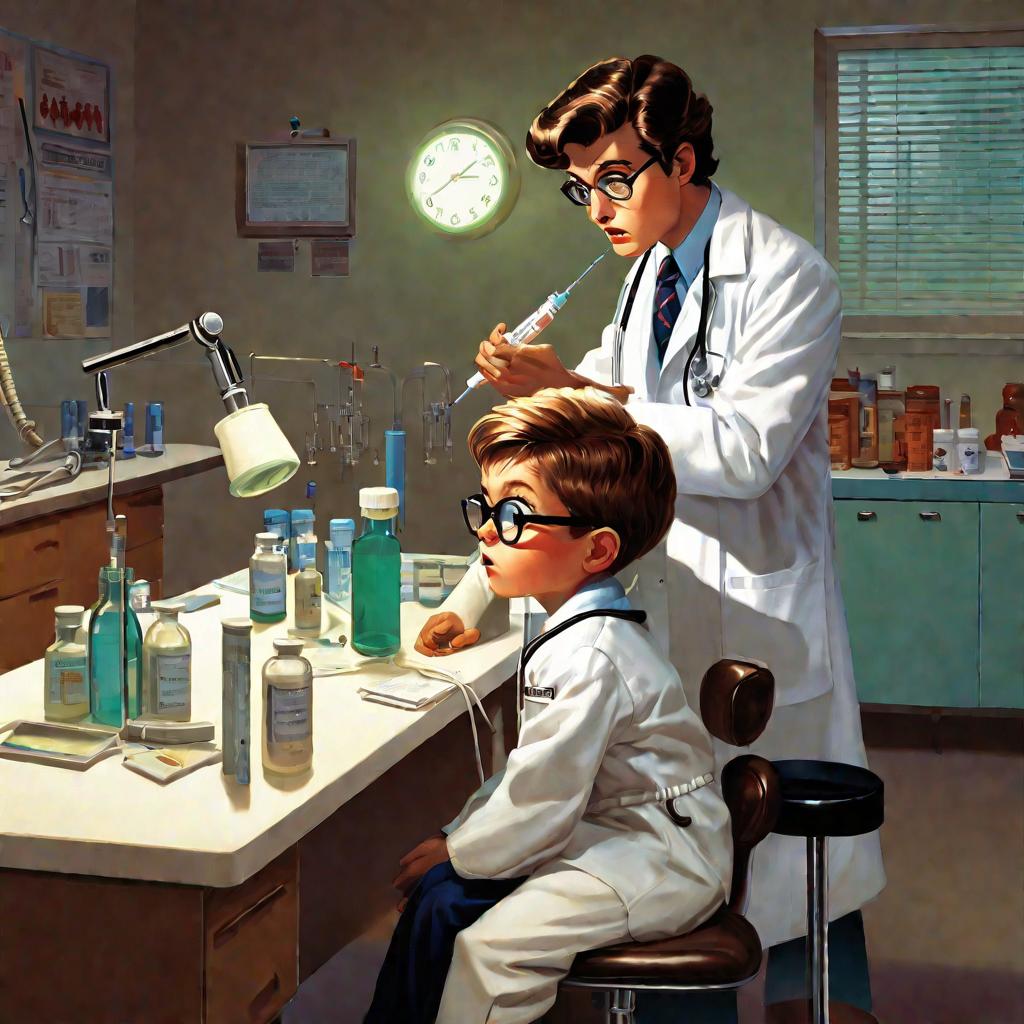 Мальчик испуганно смотрит на врача с большим шприцом в руках