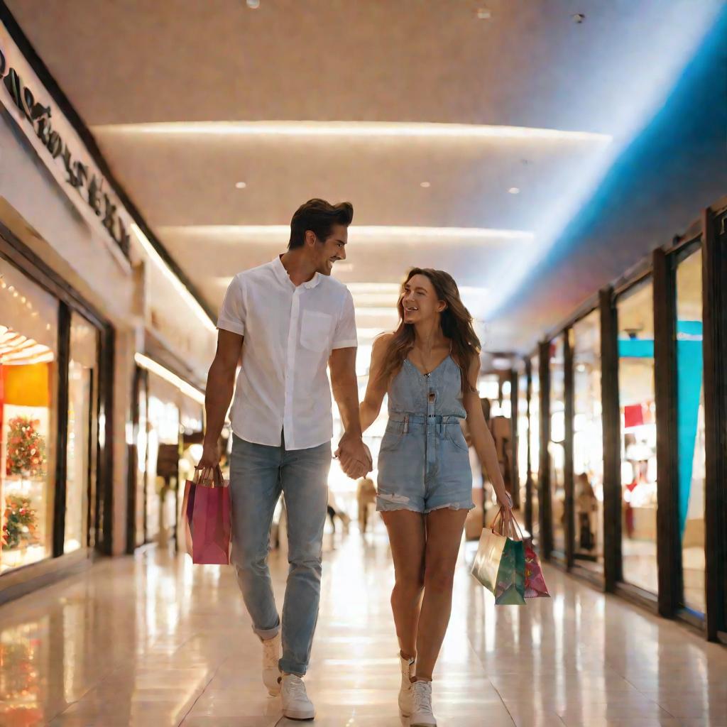 Молодая пара гуляет по яркому коридору торгового центра