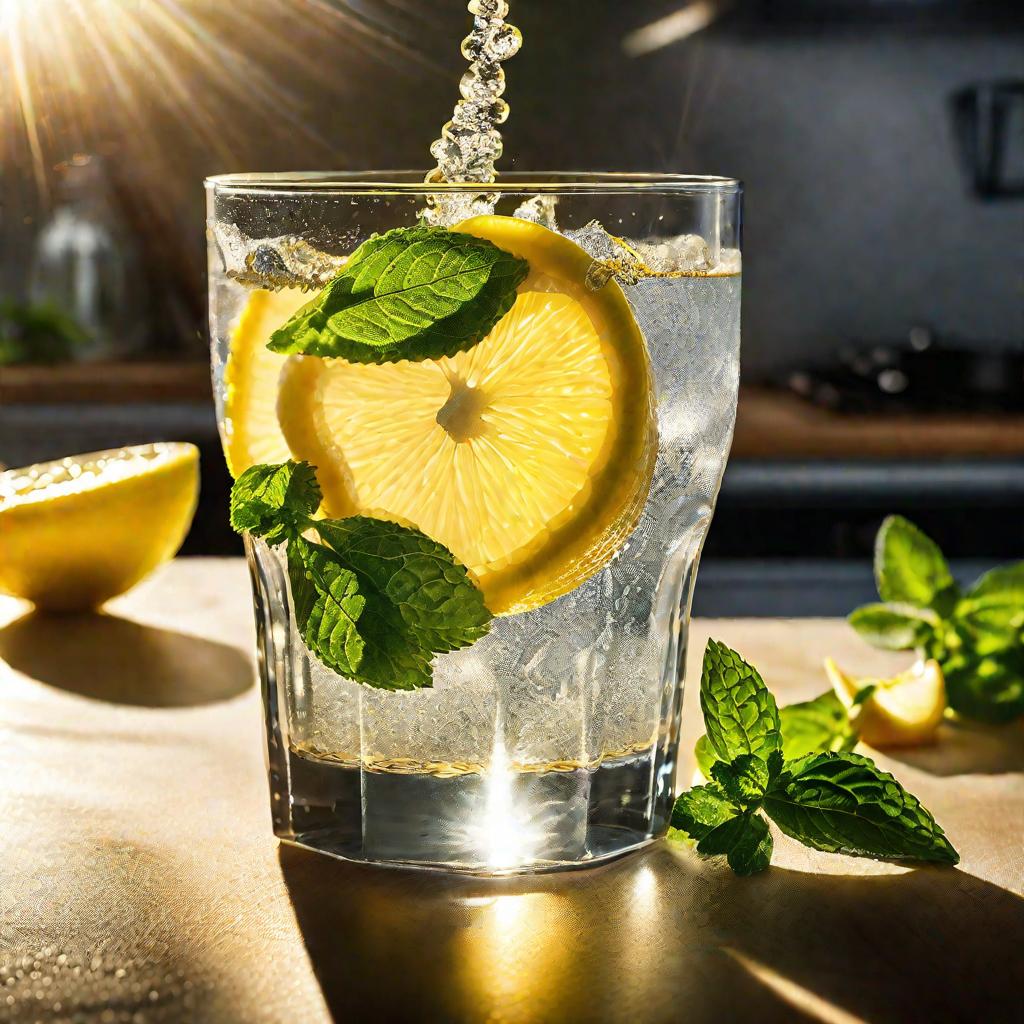Лимонный сок, струящийся в стакан с газированной водой и кубиками льда. Лучи утреннего солнца освещают брызги сока. В стакане пузырящаяся вода и яркие листья мяты.