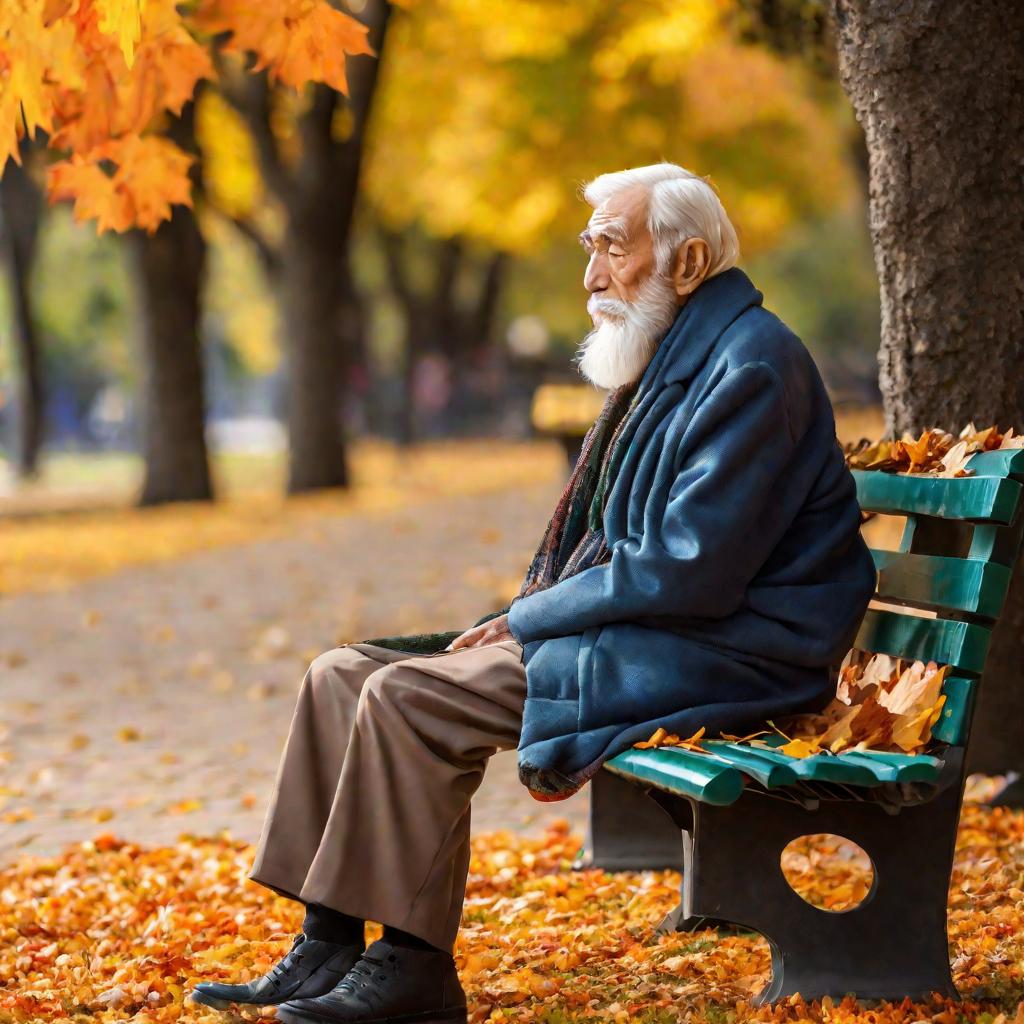 Мудрец смотрит вдаль на скамейке в парке осенью