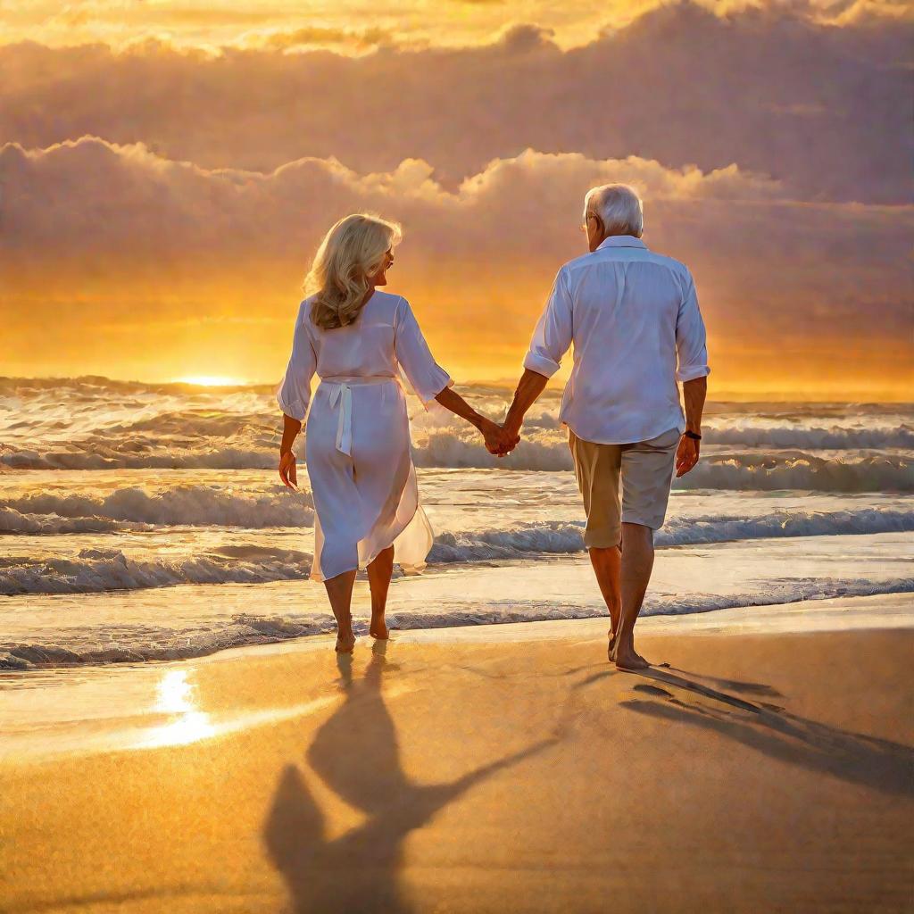 Пожилая пара гуляет закате на пляже