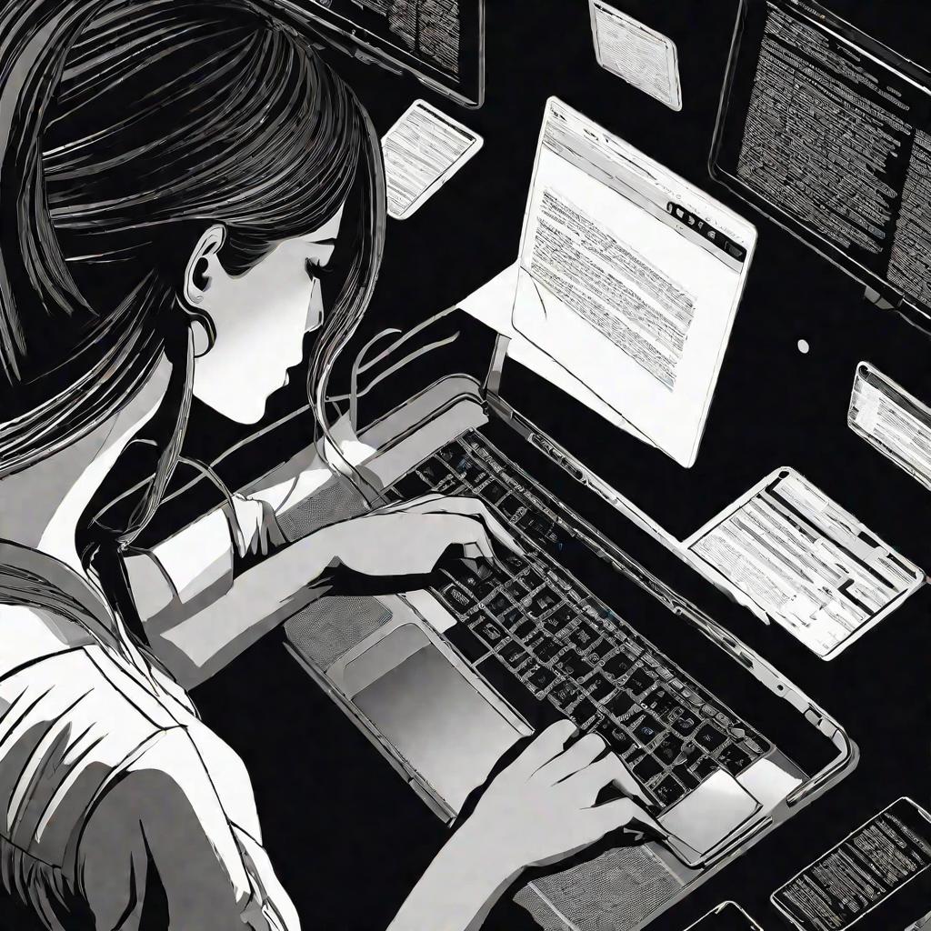 Вид сверху на руки девушки, быстро печатающей на клавиатуре ноутбука, пытаясь восстановить взломанный аккаунт в соцсети.