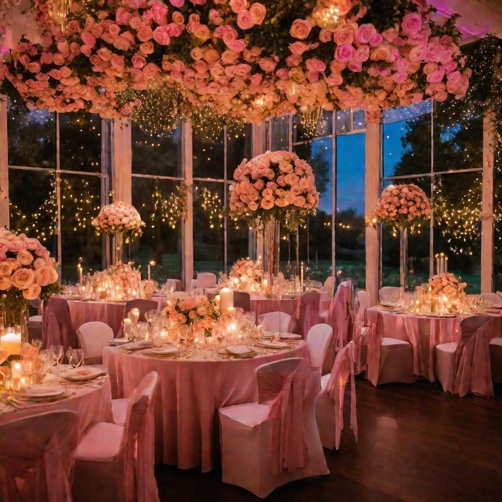Розовый свадебный банкет зал украшен розами