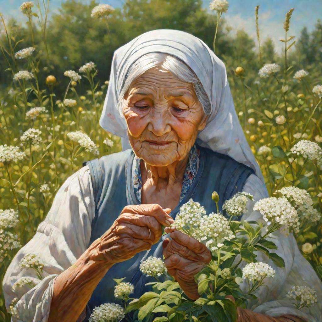 Пожилая женщина в платке собирает иван-чай на поле