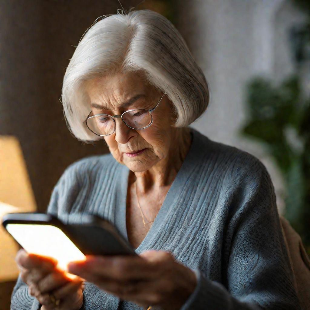 Пожилая женщина изучает объявление на Авито