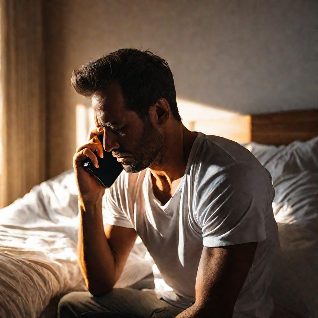 Мужчина сидит на краю кровати, держа телефон и размышляя о том, как помириться с женой после ссоры