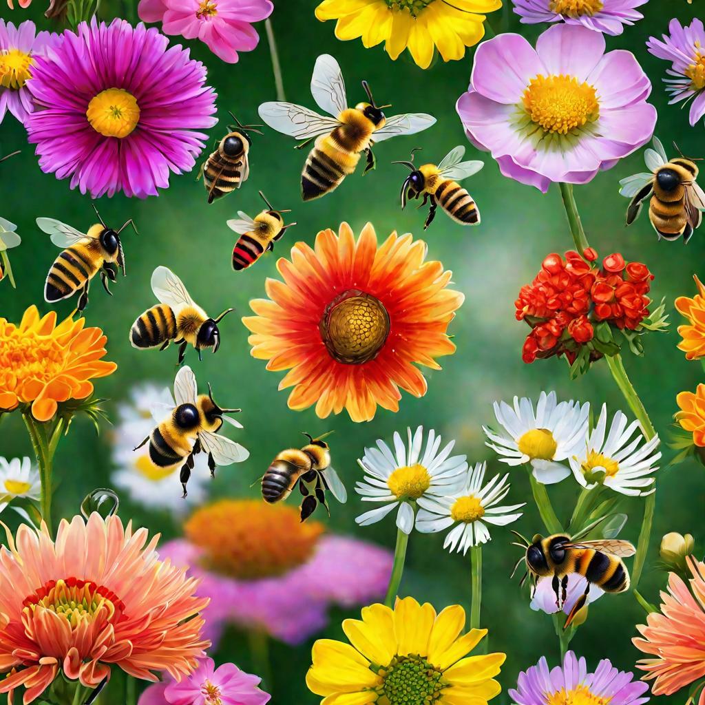 Крупным планом сверху - разноцветные цветы на лугу. На них пчелы собирают нектар.