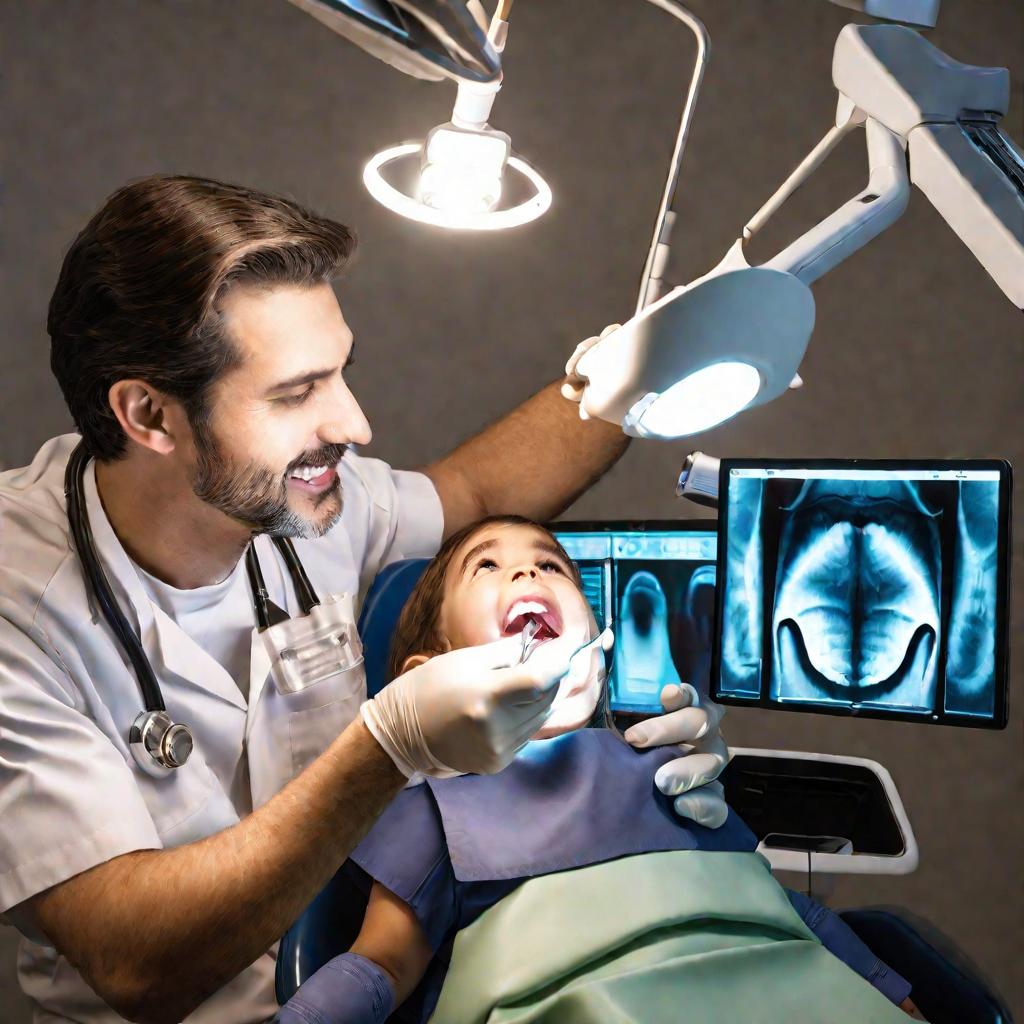 Стоматолог осматривает зубы ребенка в кресле и объясняет рентгеновский снимок