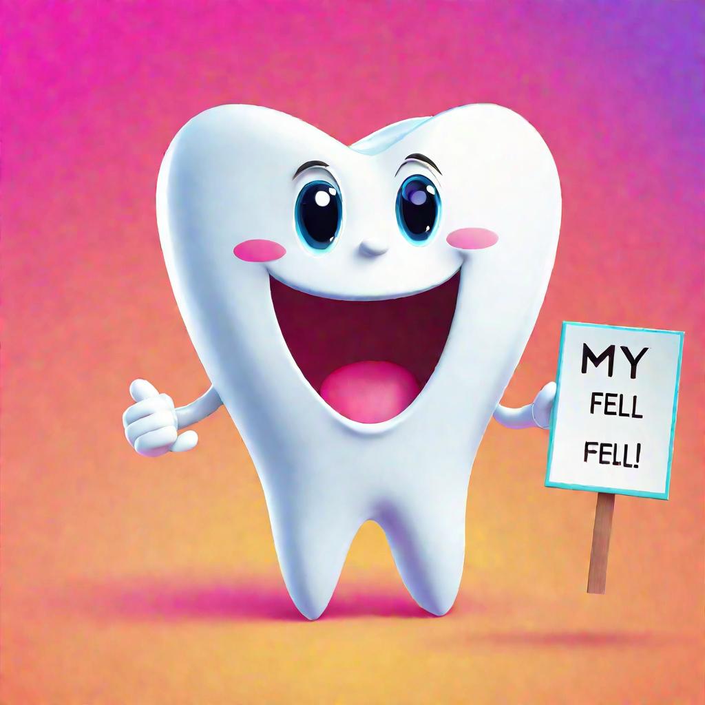Мультяшный персонаж зубик радостно держит табличку «Мой зубик выпал!» и улыбается с прорехой на месте выпавшего зуба
