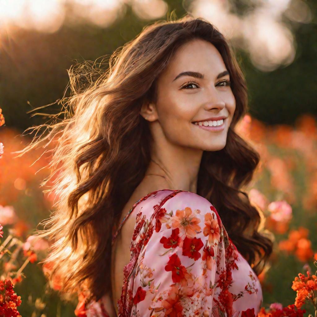 Портрет улыбающейся девушки в красном платье на фоне цветущего луга