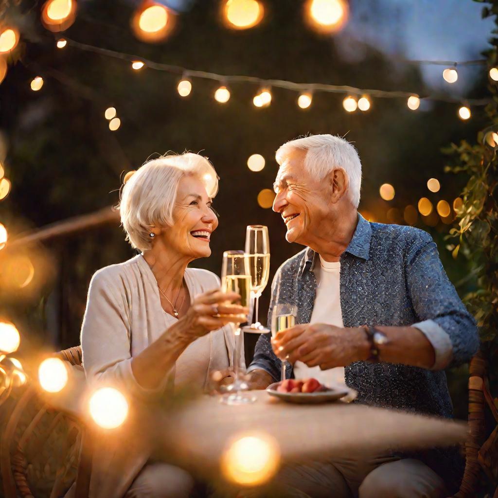Пожилая пара чокается бокалами шампанского за накрытым столом на балконе в теплых вечерних лучах заката