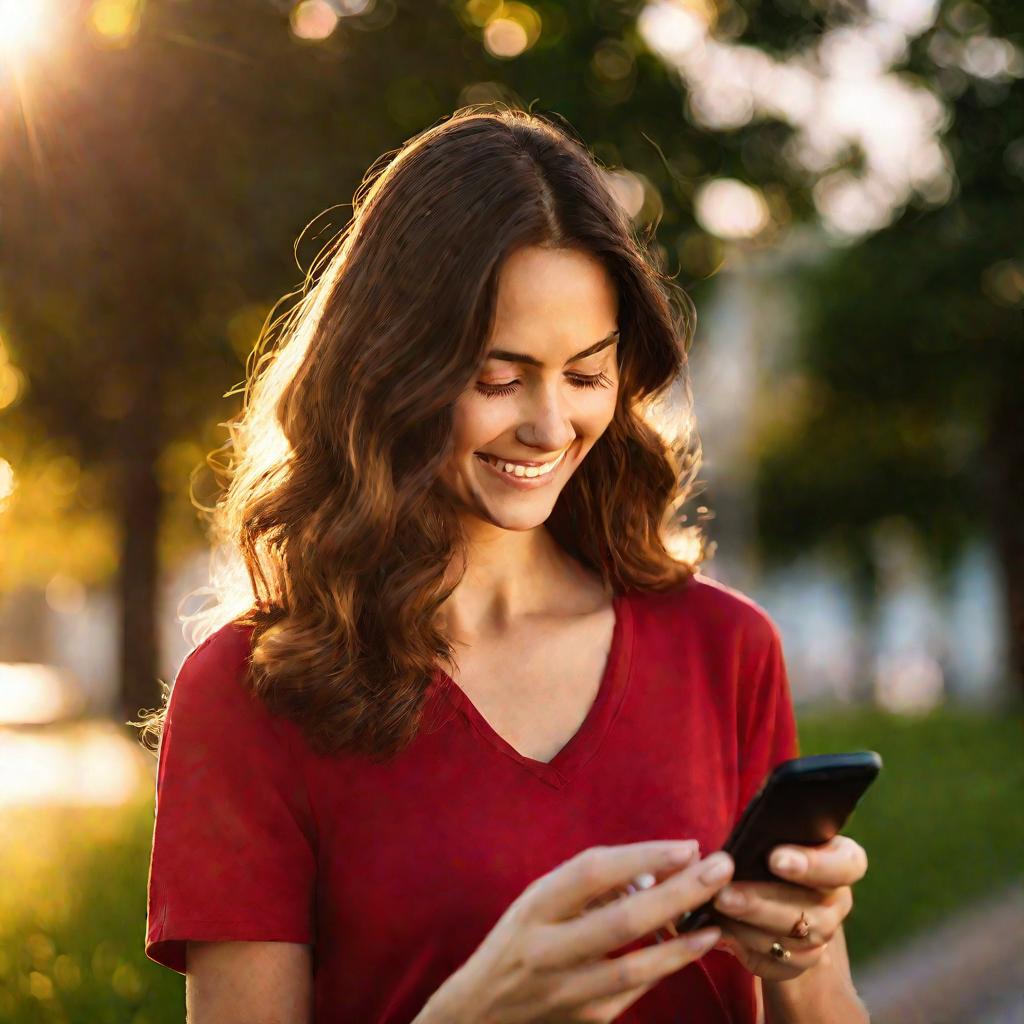 Женщина улыбается, глядя на экран смартфона, на котором видна страница входа в приложение Яндекса по номеру телефона