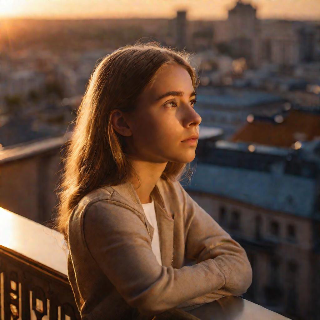 Портрет подростка с задумчивым выражением лица на закате на балконе. Золотой вечерний свет кинематографически освещает ее лицо. Ее руки опираются на перила балкона, за которым виден городской пейзаж.