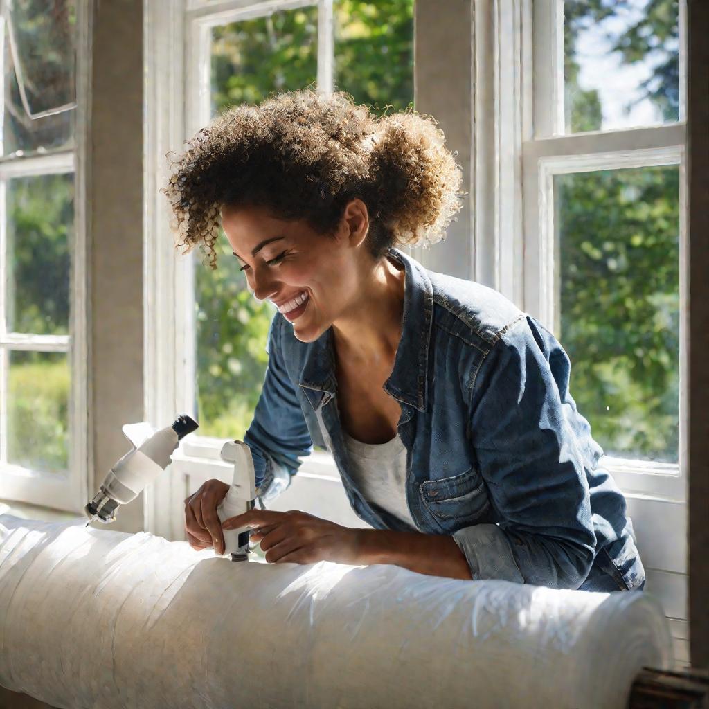 Женщина уплотняет герметиком только что установленное большое прямоугольное белое пластиковое окно ярким летним днем.