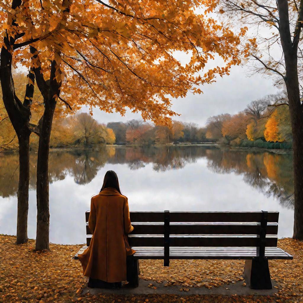 Одинокая девушка на скамейке в парке осенью