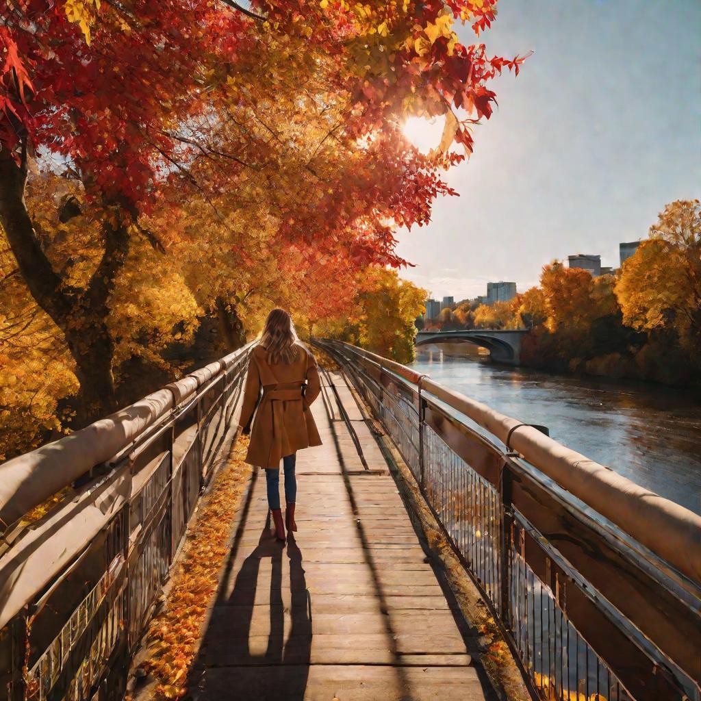 Девушка идет по мосту над рекой