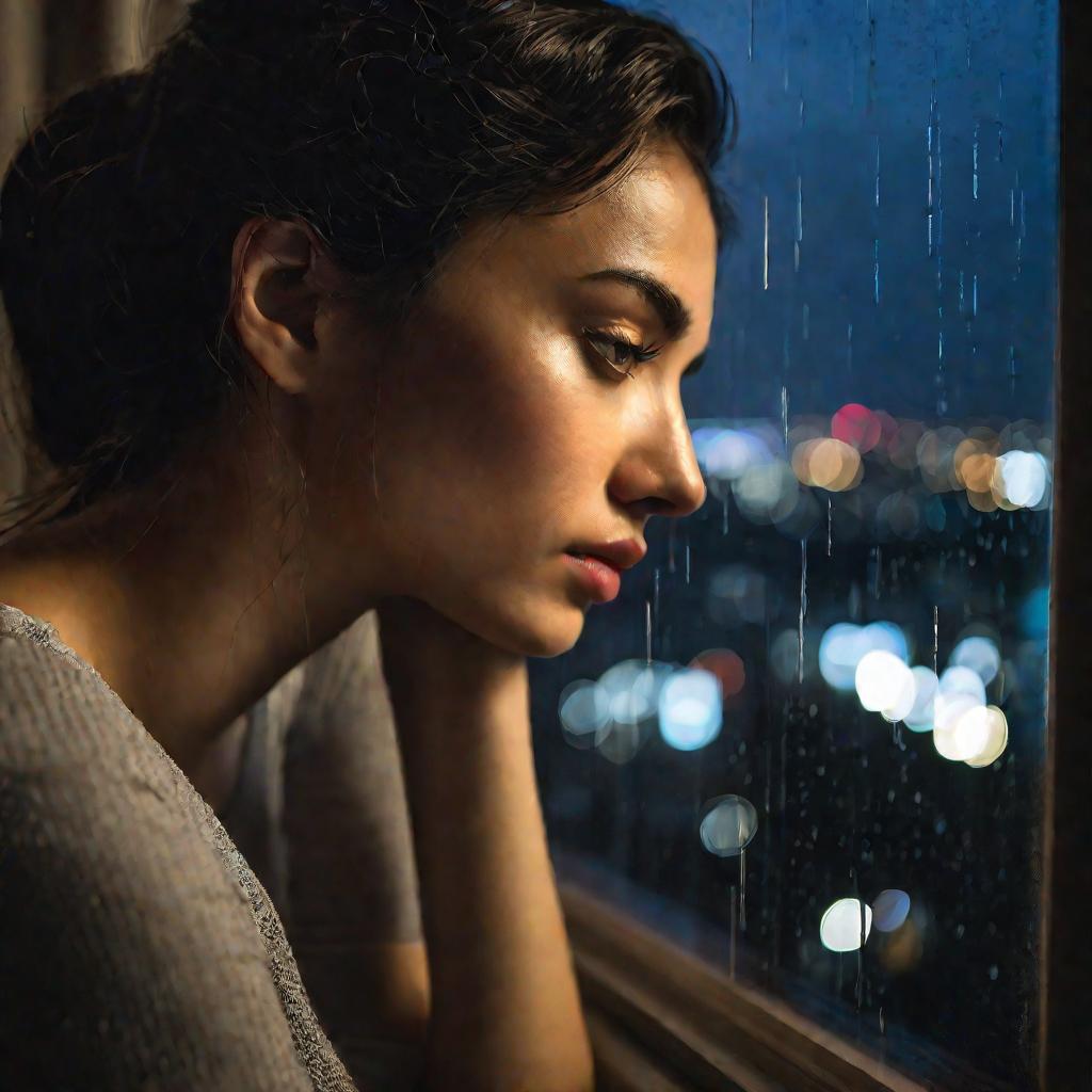 Грустная девушка смотрит в окно ночного города.