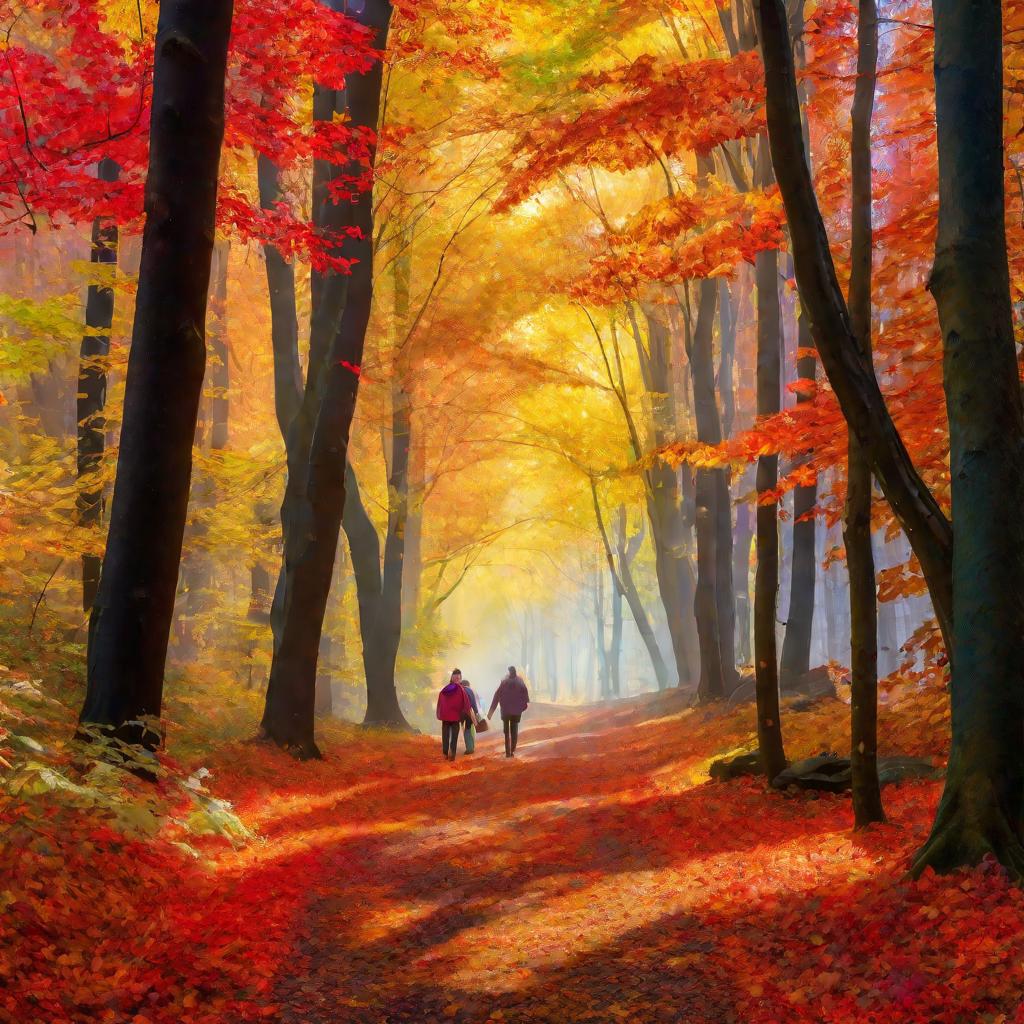 Влюбленная пара гуляет по осеннему лесу.