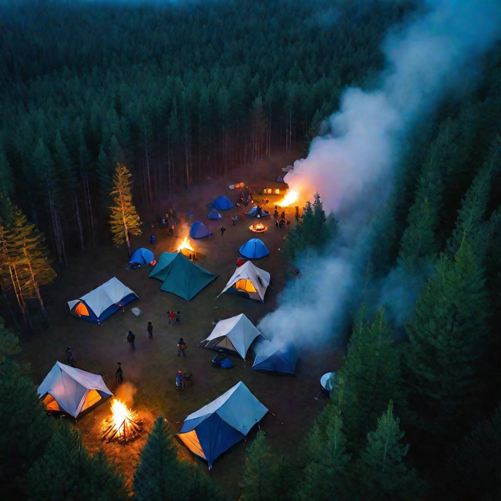 Лагерь в лесу на закате