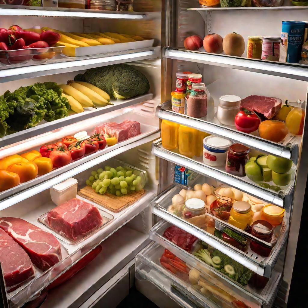 Аккуратно расставленные продукты в холодильнике в контейнерах