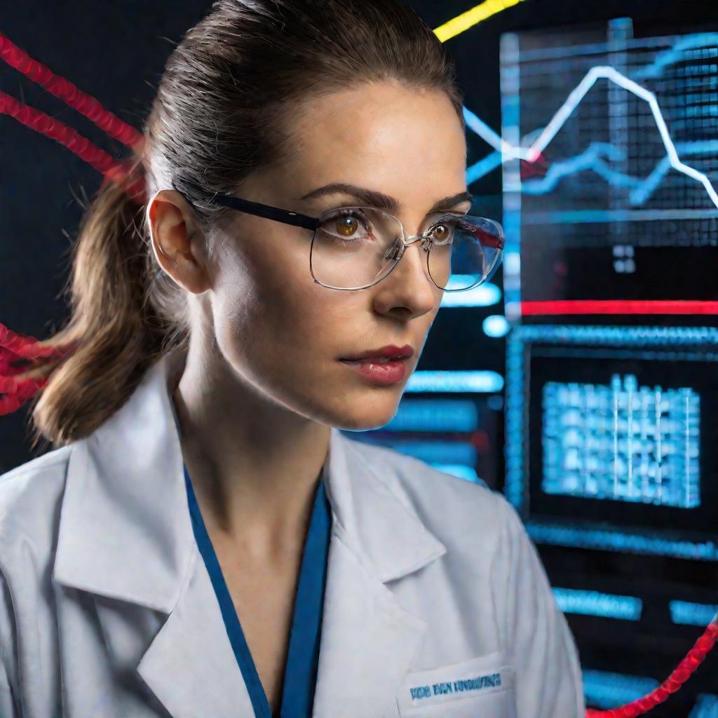 Женщина в лабораторном халате с голографическим дисплеем