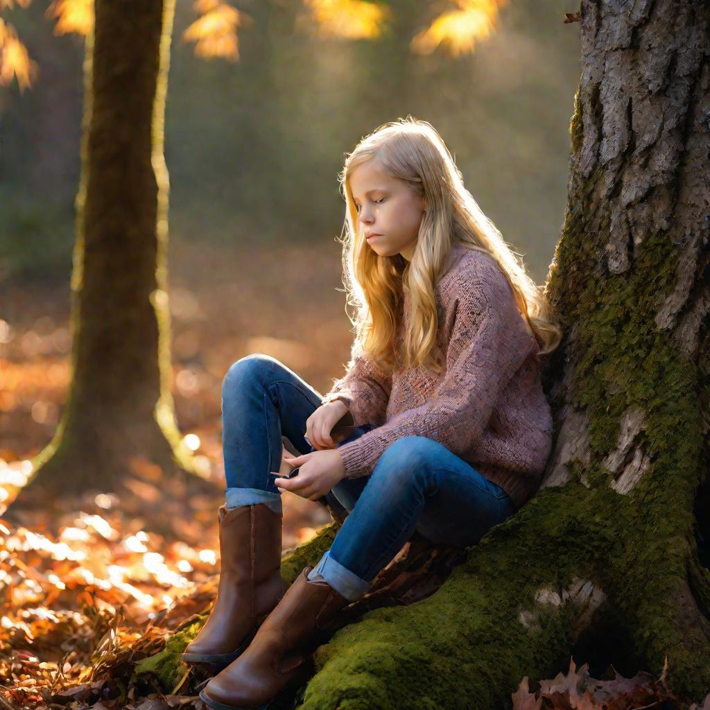 Портрет задумчивой 12-летней девочки с длинными блондинистыми волосами, сидящей на старом пне в лесной поляне в туманный осенний день. Она одета в вязаный лососевый свитер и выцветшие джинсы, рядом стоит коричневый рюкзак. Мягкие лучи утреннего света проб