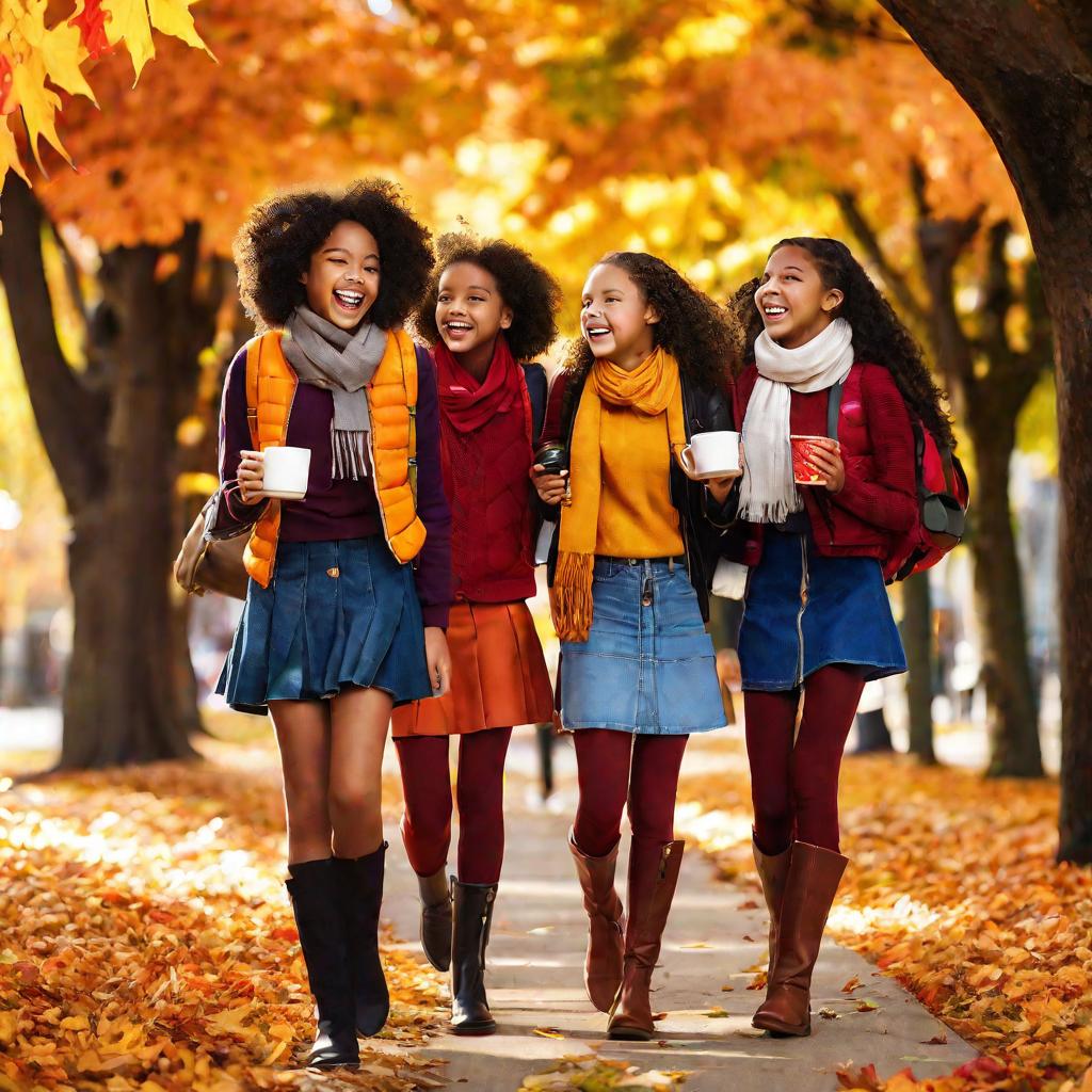 Группа счастливых разнообразных девочек 12 лет смеются и разговаривают, идя по тротуару с деревьями в солнечный осенний день. Они одеты в модные наряды: мини-юбки, леггинсы, шарфы и сапоги, несут разноцветные рюкзаки и стаканчики с кофе. На деревьях красн