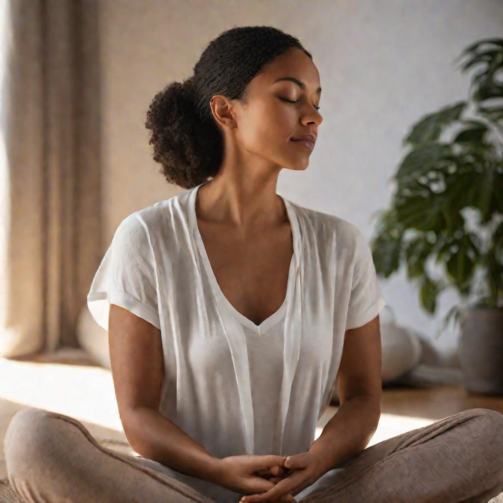 Женщина медитирует дома