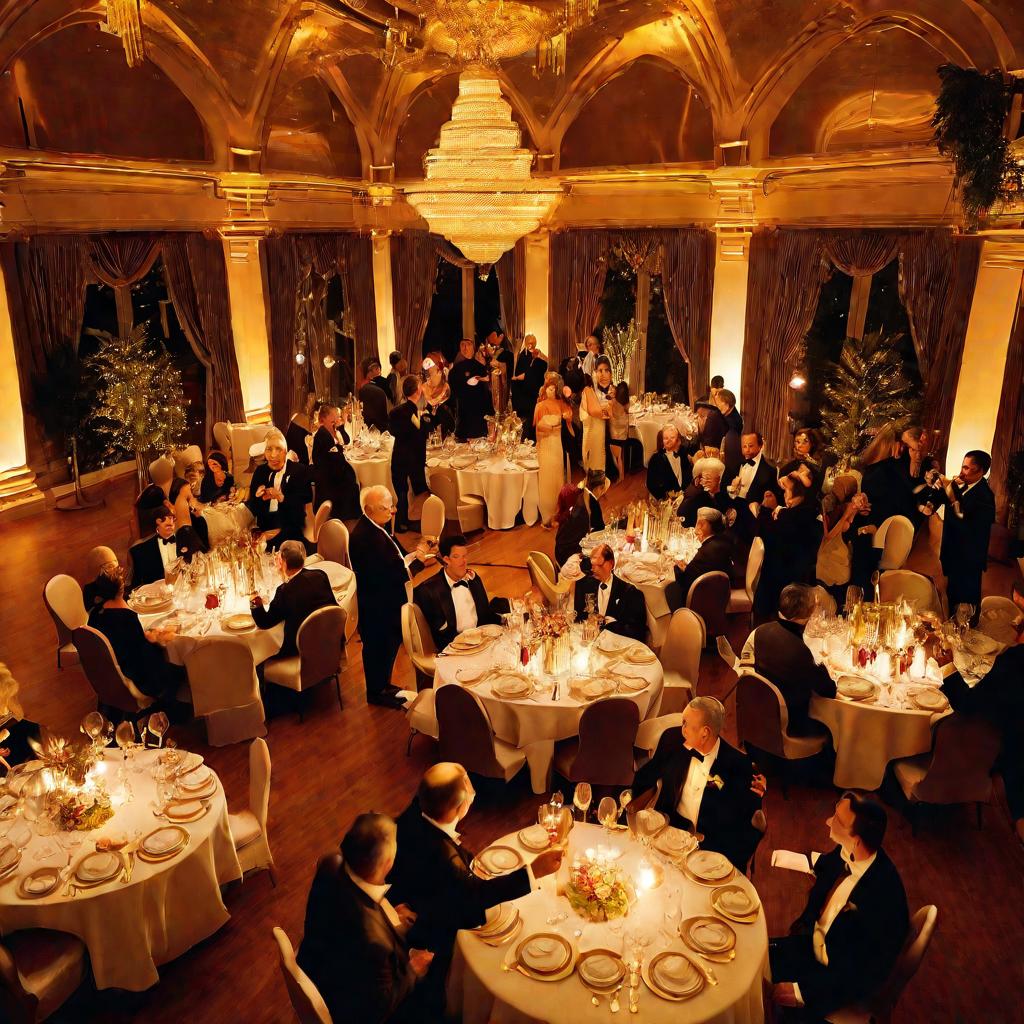 Празднично украшенный банкетный зал для празднования 16-й годовщины свадьбы. Золотые огни и декорации украшают столы и стены, создавая теплую праздничную атмосферу. Гости в элегантных нарядах сидят за круглыми столами, весело беседуют и поднимают бокалы с