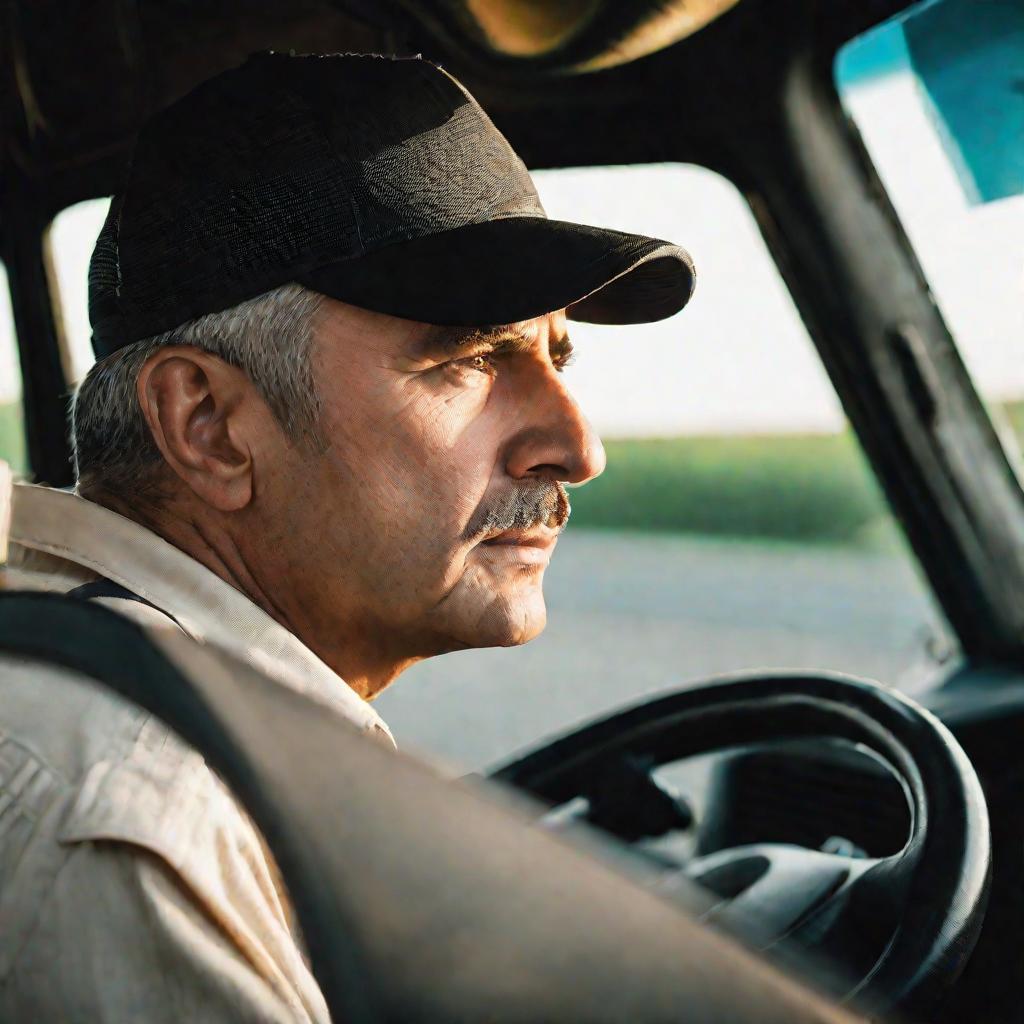 Портрет водителя грузовика в кабине