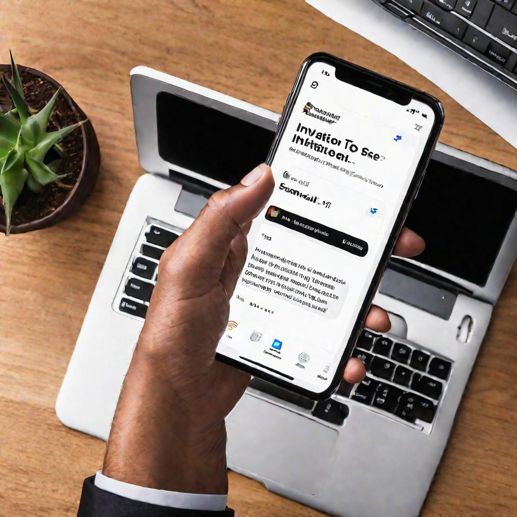 Вид сверху на руку бизнесмена, держащую смартфон. На экране телефона виден почтовый ящик с непрочитанным письмом под названием «Приглашение к ЭДО». В превью письма видно, что это приглашение подключиться к системе электронного документооборота. Телефон по