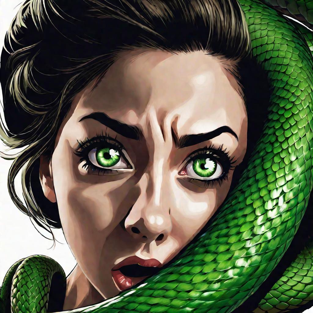 Испуганная девушка со змеей на шее