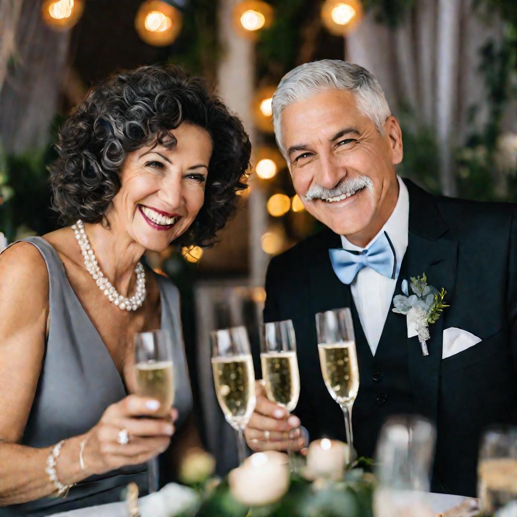Портрет пожилой супружеской пары, улыбающихся и чокающихся бокалами с шампанским за накрытым столом на праздновании 20-летия свадьбы. Женщина с короткими кудрявыми седыми волосами в черном вечернем платье и жемчужном ожерелье. Мужчина с усами и редеющими 