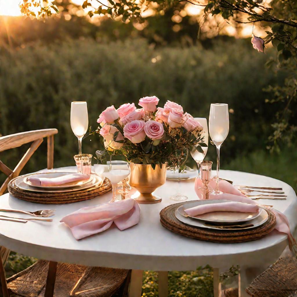 Накрытый стол к ужину на природе в золотые часы, окруженный деревьями и цветами. Два прибора из белого фарфора сияют в теплых лучах заката. Посередине ваза с розовыми розами. Два бокала для шампанского отражают солнце.