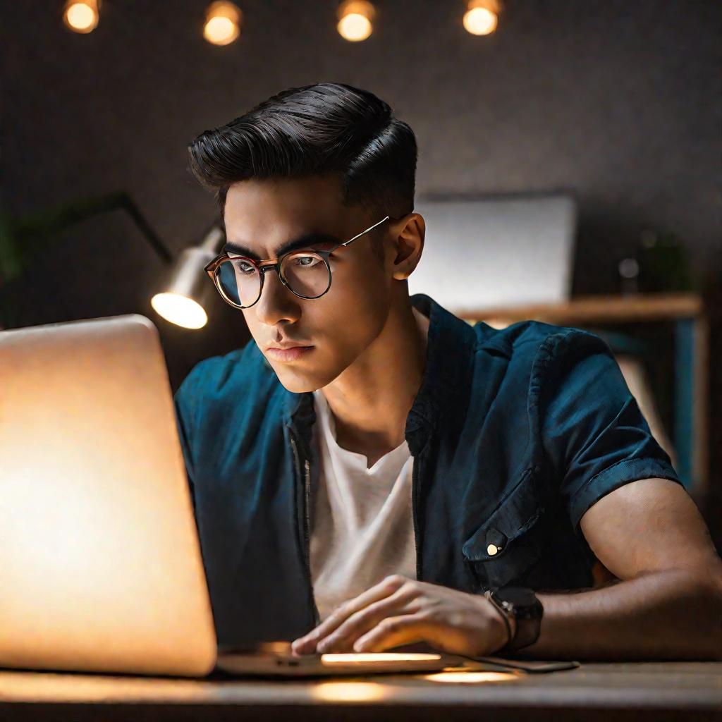 Портрет сконцентрированного молодого человека за ноутбуком